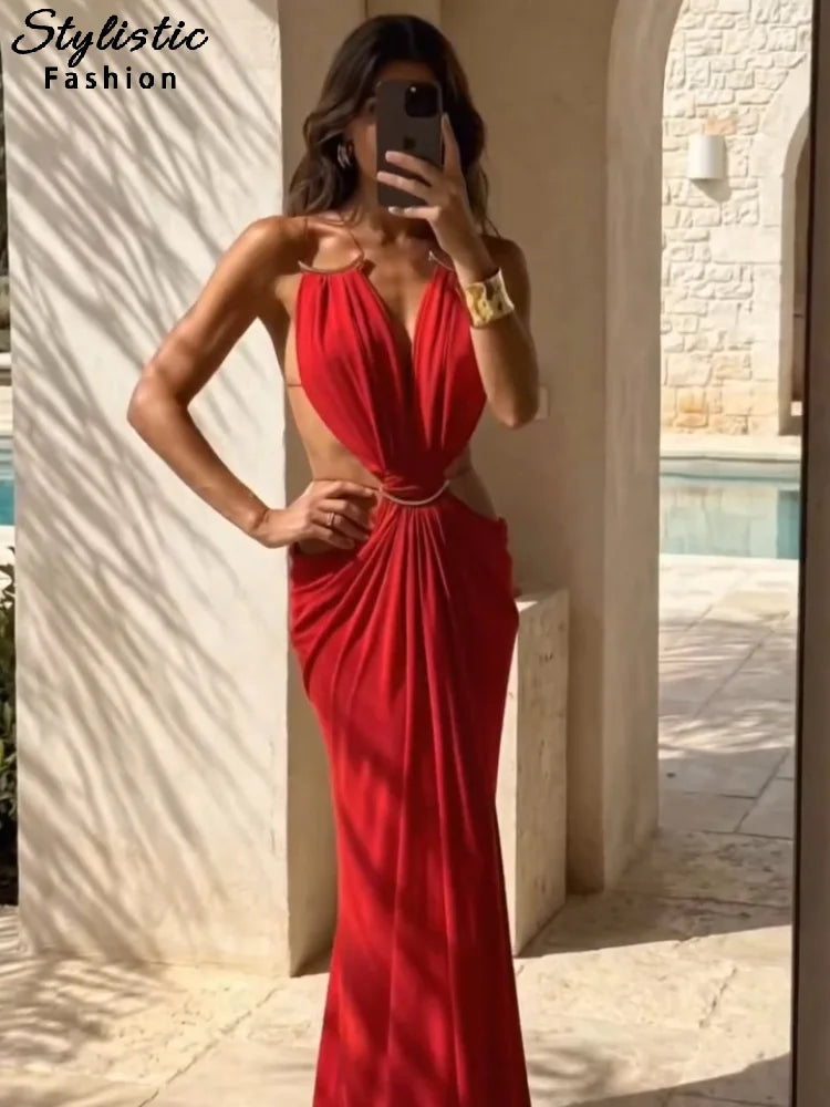 Sexy Hallow Out Long Party Dress Women Slim Sleeveless Backless Chic Pleated V-neck Ring Dresses Female 2026 Summer Lady Robe
