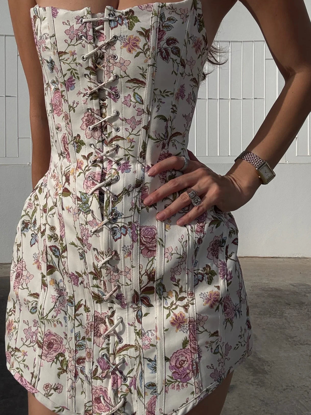 Floral Printed Off The Shoulder Lace‑up Mini Dress Strapless Waist-cinching Corset Short Dresses 2026 New Women's Party Outfits