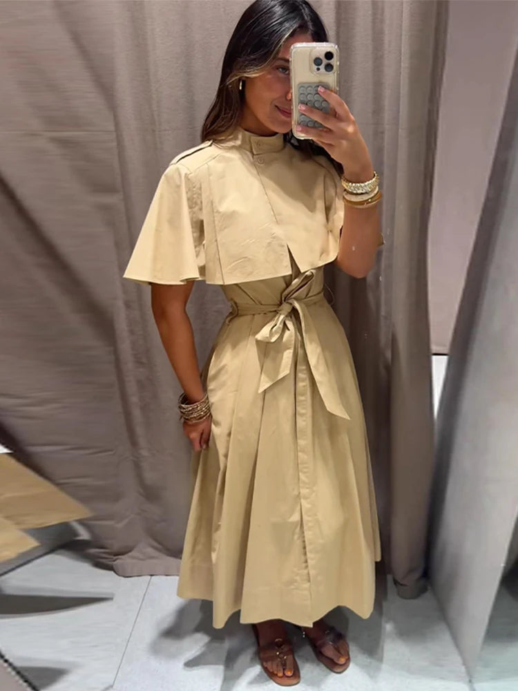Women's Trench Style Midi Dress Stand Collar Cape Overlay Short Sleeve Belted Waist A‑Line Dresses Autumn Elegant Office Outfits
