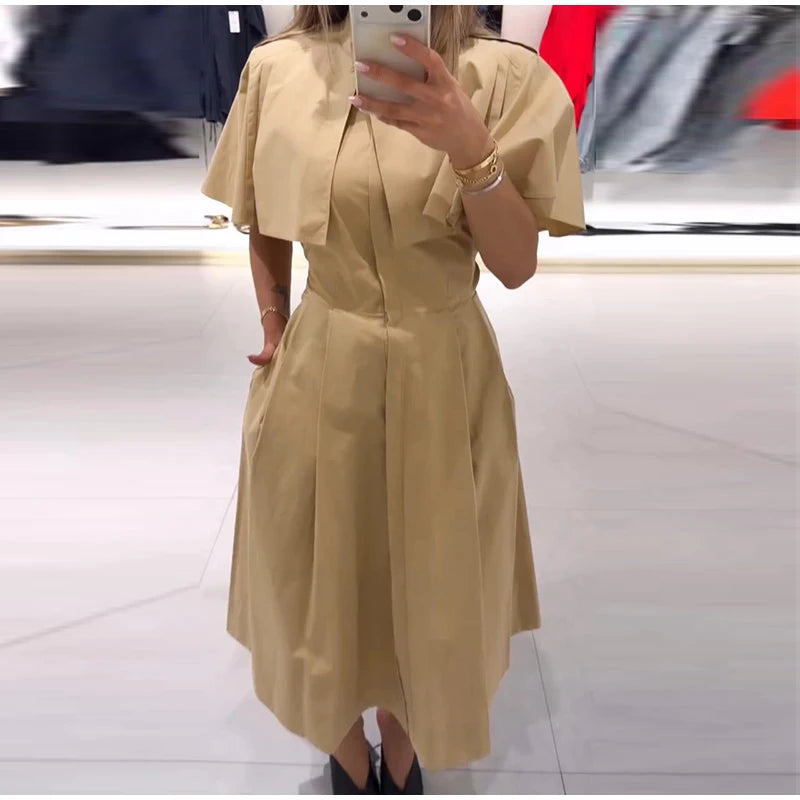 Women's Trench Style Midi Dress Stand Collar Cape Overlay Short Sleeve Belted Waist A‑Line Dresses Autumn Elegant Office Outfits