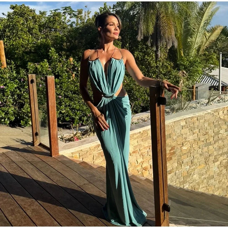 Sexy Hallow Out Long Party Dress Women Slim Sleeveless Backless Chic Pleated V-neck Ring Dresses Female 2026 Summer Lady Robe