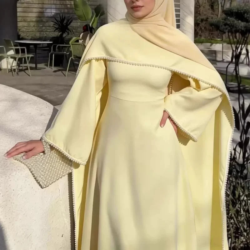White Pearl Trim Cape Maxi Dress Women Elegant Long Sleeve Cinched Waist Muslim Robes 2026 Spring EID Abaya Lady Dresses